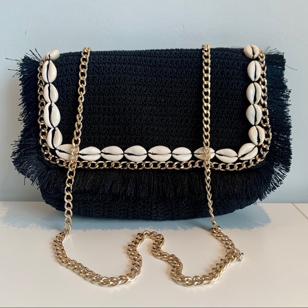 Zara Puka Shell Black Woven Crossbody Bag